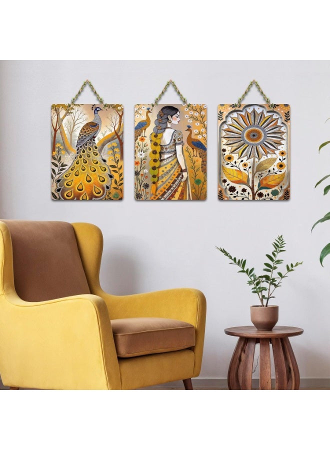 آرتفيب لوحة جدارية فنية حديثة من خشب MDF مزخرفة، تصور نساءً رائعات مع طاووس وأزهار، من Artvibes | ديكور منزلي | قطعة فنية جدارية مميزة | هدية مثالية (WH_9692N)، مجموعة من 3 قطع - Image 2