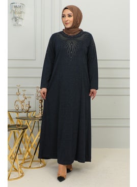 Sefa Merve Plus Size Embroidered Viscose Dress 4956-02 Navy Blue  - Image 1