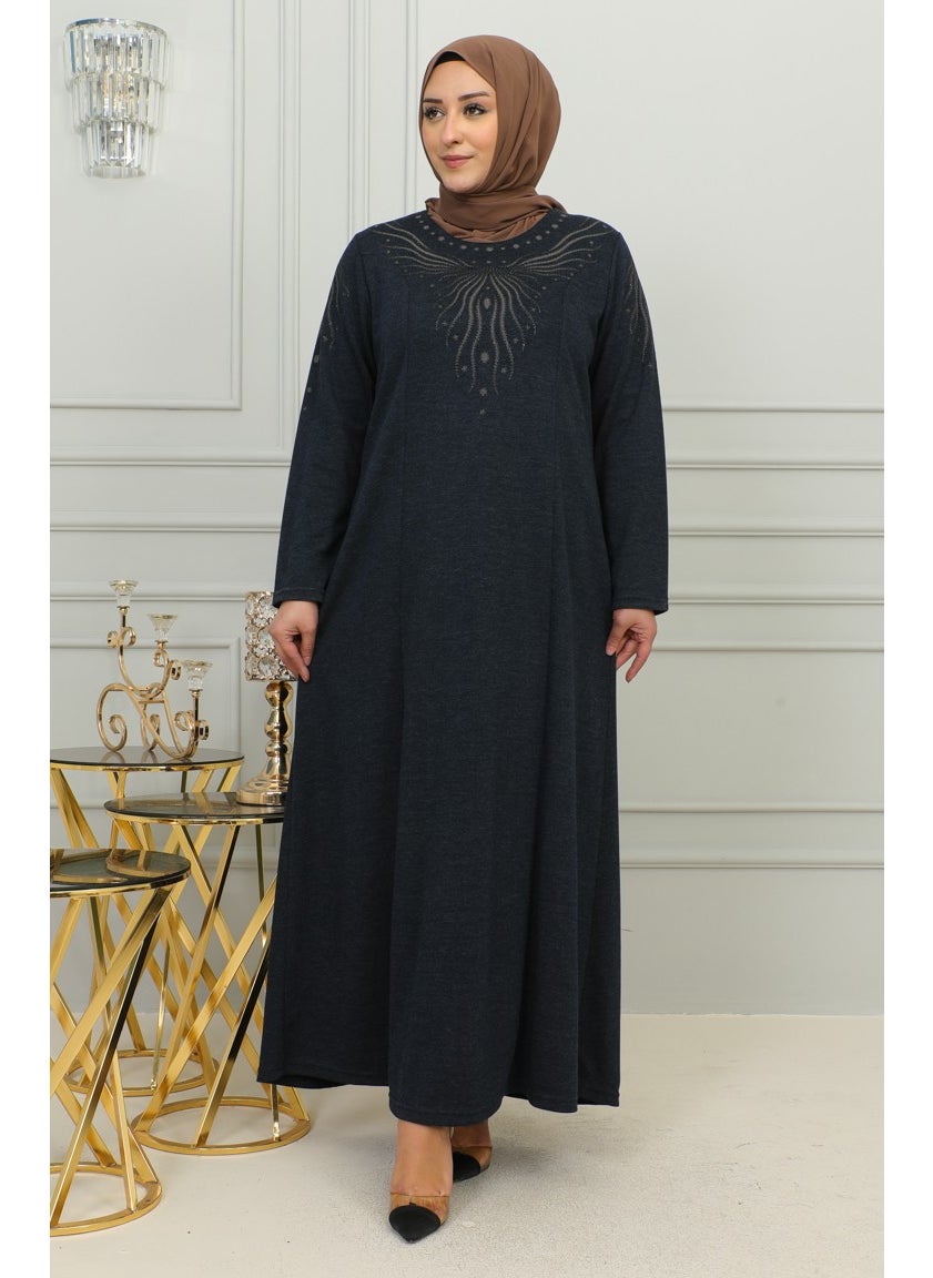Sefa Merve - Plus Size Embroidered Viscose Dress 4956-02 Navy Blue - Image 1