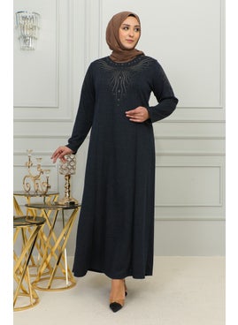 Sefa Merve Plus Size Embroidered Viscose Dress 4956-02 Navy Blue  - Image 2