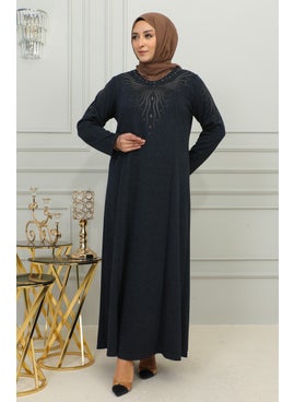 Sefa Merve Plus Size Embroidered Viscose Dress 4956-02 Navy Blue  - Image 3