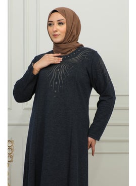Sefa Merve Plus Size Embroidered Viscose Dress 4956-02 Navy Blue  - Image 4