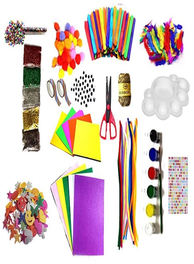 KHUSHA CREATIONS DIY Craft Material Kit/Gift for Kids/Pom Poms Pipe Cleaners Feather Foam Sheets Crystal Foam Sticker Origami Glitter Googly Eyes Sequins Wooden Sticks Jute Scissors Poster Colors Palette Combo - Image 1