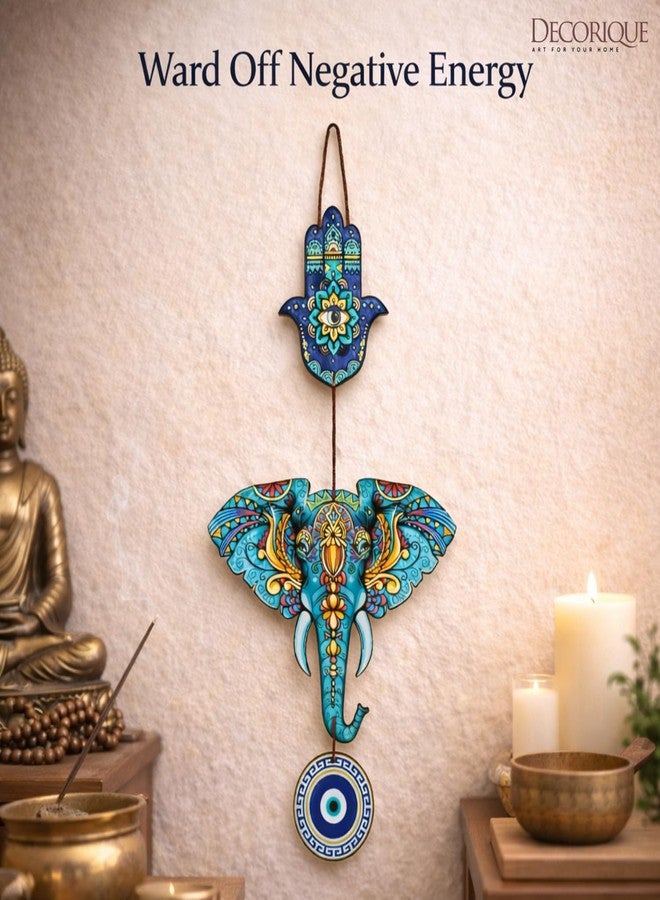 DECORIQUE Elephant Evil Eye Wall Hanging for Home Decor Hamsa Charm Decorative Wall Art Hanging Decoration Item for Living Room Bedroom Office Wall Decor Accent - Image 3