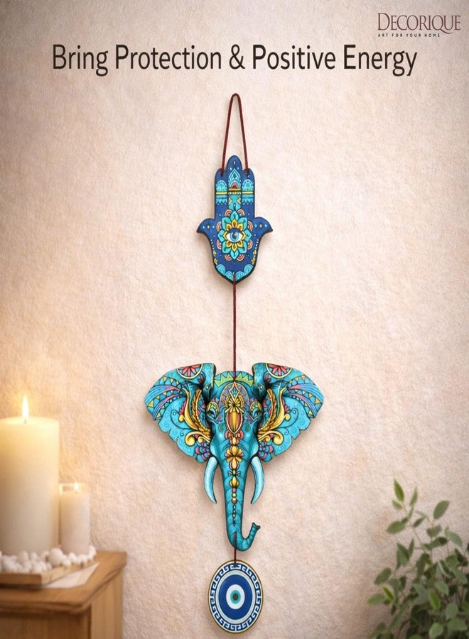 DECORIQUE Elephant Evil Eye Wall Hanging for Home Decor Hamsa Charm Decorative Wall Art Hanging Decoration Item for Living Room Bedroom Office Wall Decor Accent - Image 2