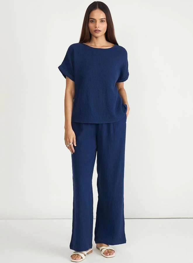 Femmella Navy Blue Cotton Trousers and Top Set