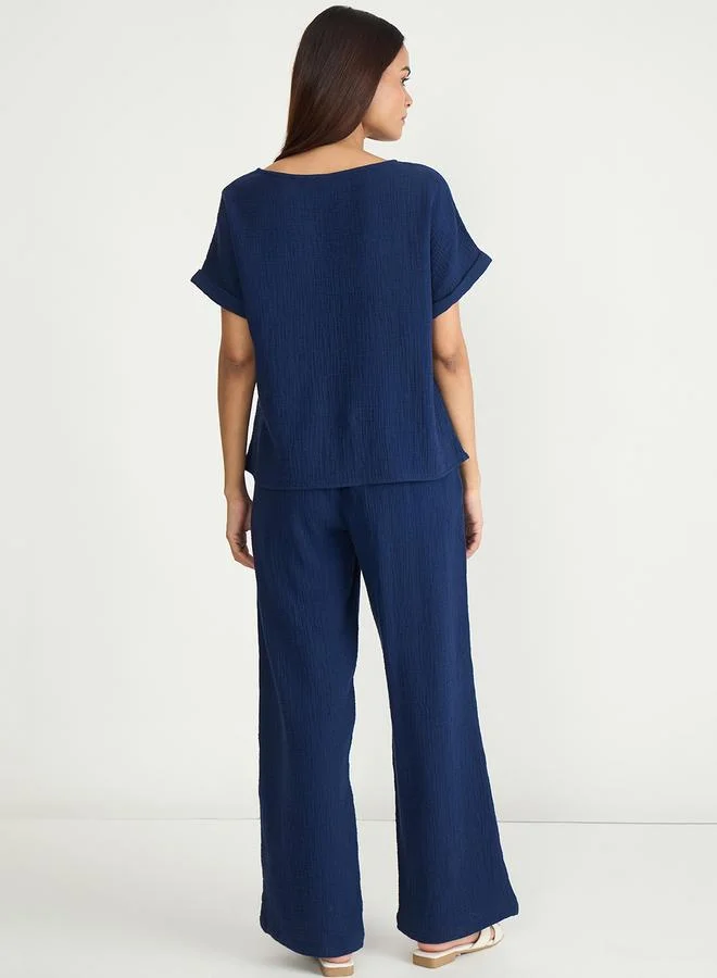 Femmella Navy Blue Cotton Trousers and Top Set