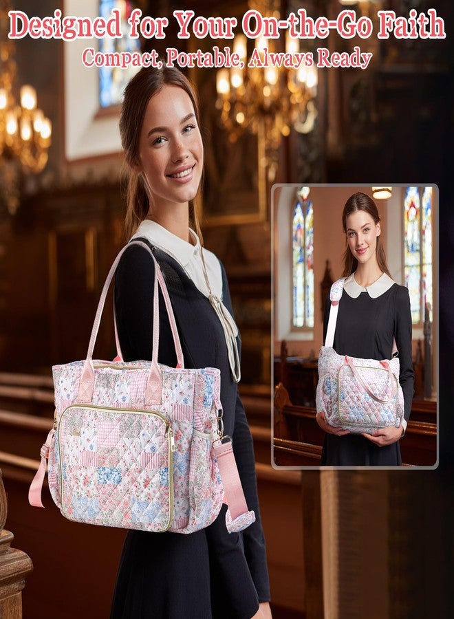 Bulyoou Large Bible Bag Quilted Bible Cover Case Kit for Women Church Bag with Shoulder Strap Study Supplies Christian Gifts(Spliced Flower) - Image 5