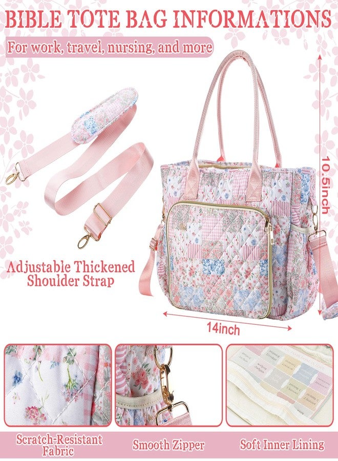 Bulyoou Large Bible Bag Quilted Bible Cover Case Kit for Women Church Bag with Shoulder Strap Study Supplies Christian Gifts(Spliced Flower) - Image 3