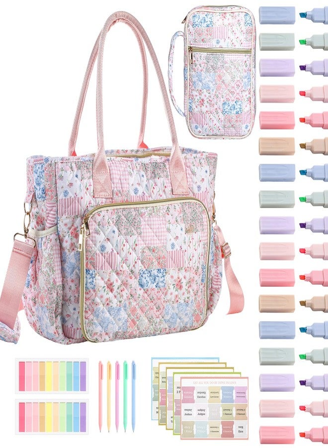 Bulyoou Large Bible Bag Quilted Bible Cover Case Kit for Women Church Bag with Shoulder Strap Study Supplies Christian Gifts(Spliced Flower) - Image 1