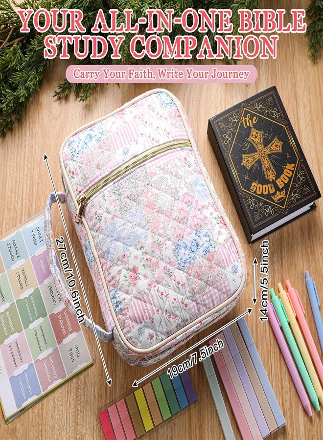 Bulyoou Large Bible Bag Quilted Bible Cover Case Kit for Women Church Bag with Shoulder Strap Study Supplies Christian Gifts(Spliced Flower) - Image 2