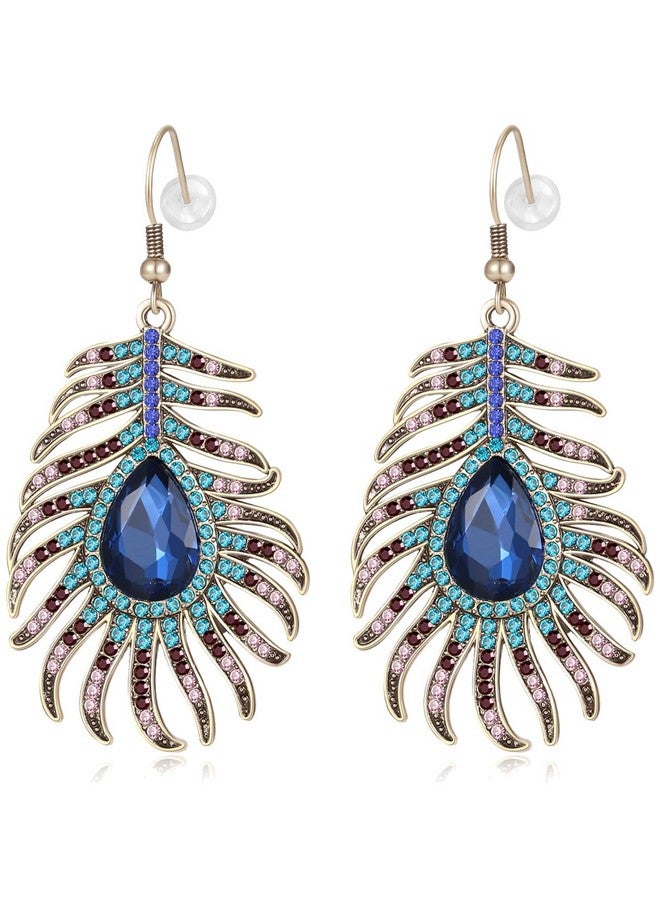 Frogwill Womens Crystal Hook Earrings Sparkling Rhinestone Peacock Feather Dangle Earrings (Blue) - Image 1