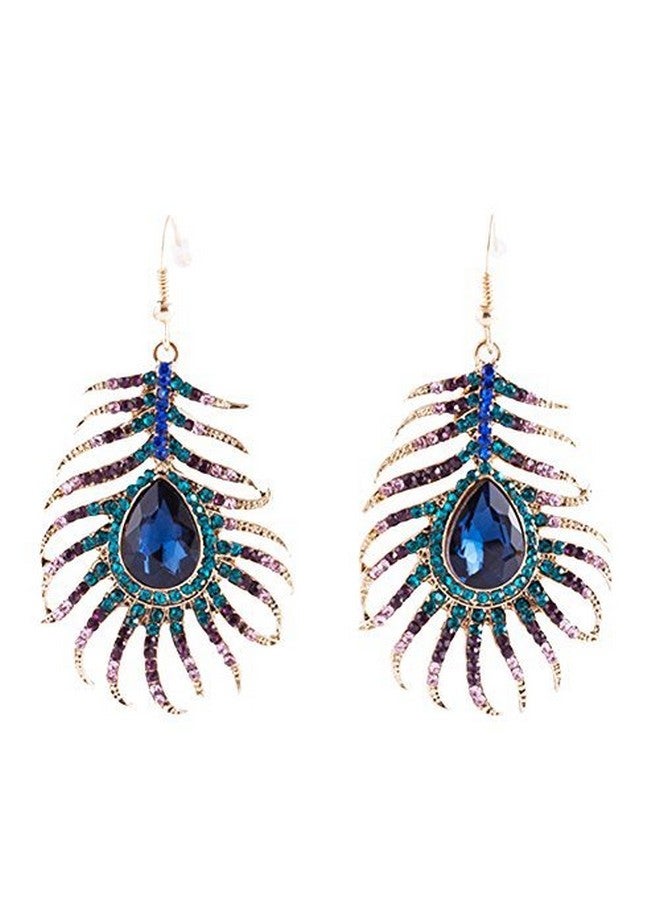 Frogwill Womens Crystal Hook Earrings Sparkling Rhinestone Peacock Feather Dangle Earrings (Blue) - Image 2