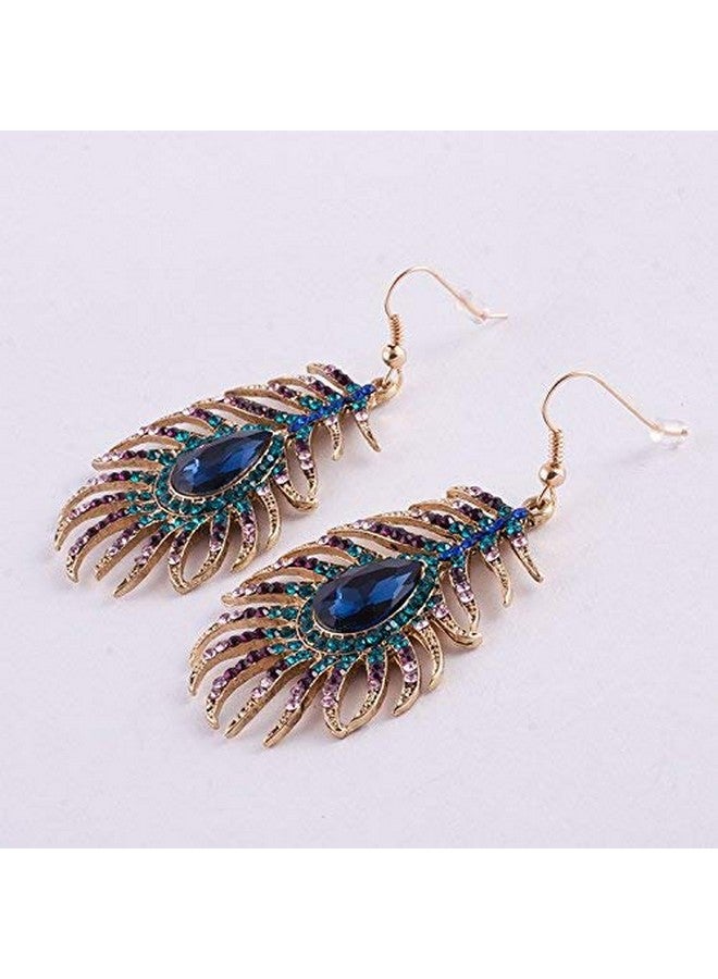 Frogwill Womens Crystal Hook Earrings Sparkling Rhinestone Peacock Feather Dangle Earrings (Blue) - Image 3