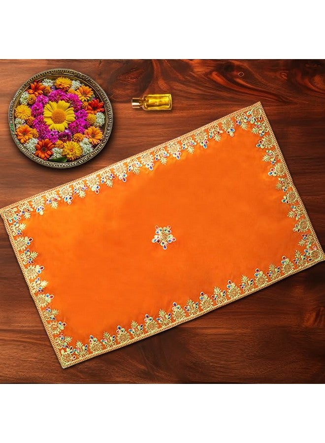 Shoppersduniya Orange Velvet Designer Aasan Pooja Cloth Mat Mandir Temple Home Office Base Chowki 81 x 46 cm - Image 1