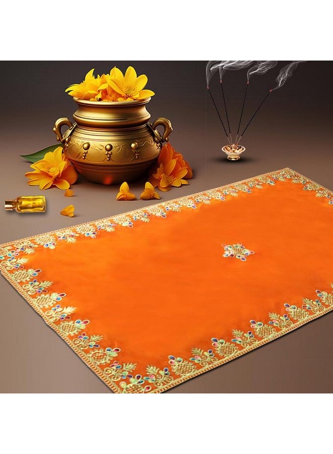 Shoppersduniya Orange Velvet Designer Aasan Pooja Cloth Mat Mandir Temple Home Office Base Chowki 81 x 46 cm - Image 2