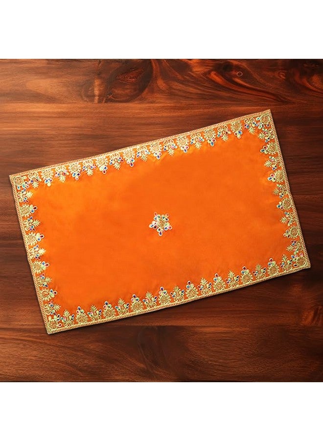 Shoppersduniya Orange Velvet Designer Aasan Pooja Cloth Mat Mandir Temple Home Office Base Chowki 81 x 46 cm - Image 3