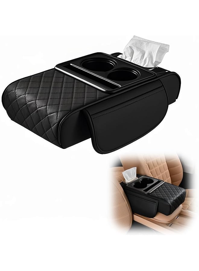 S-TOP Car Armrest Storage Box, 4-in-1 Multifunctional Center Console Organizer with Armrest Cushion, Cup Holders, Tissue Box Slot, Phone Pocket, and Dual Storage Bags for SUV, Sedan, Truck, Black - Image 1