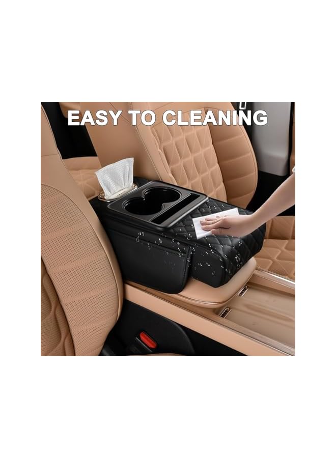S-TOP Car Armrest Storage Box, 4-in-1 Multifunctional Center Console Organizer with Armrest Cushion, Cup Holders, Tissue Box Slot, Phone Pocket, and Dual Storage Bags for SUV, Sedan, Truck, Black - Image 2