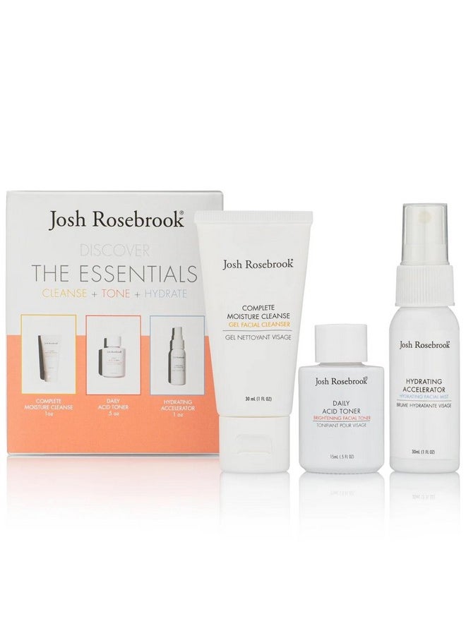 جوش روز بروك - مجموعة The Essentials Kit Cleanse Tone & Hydrate للعناية بالبشرة، مجموعة تنظيف كاملة للرطوبة، 1 أونصة من التونر الحمضي اليومي، 0.5 أونصة، مسرع ترطيب، 1 أونصة للعناية ببشرة الوجه بحجم مناسب للسفر - Image 1