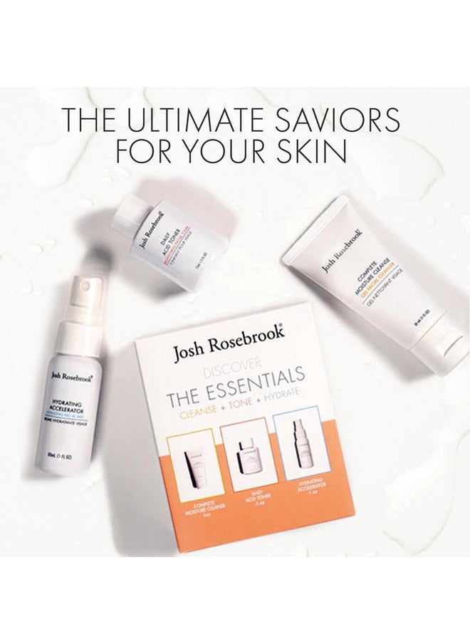 جوش روز بروك - مجموعة The Essentials Kit Cleanse Tone & Hydrate للعناية بالبشرة، مجموعة تنظيف كاملة للرطوبة، 1 أونصة من التونر الحمضي اليومي، 0.5 أونصة، مسرع ترطيب، 1 أونصة للعناية ببشرة الوجه بحجم مناسب للسفر - Image 1
