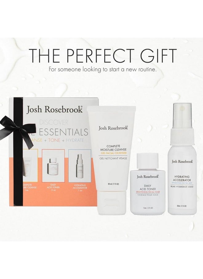 جوش روز بروك - مجموعة The Essentials Kit Cleanse Tone & Hydrate للعناية بالبشرة، مجموعة تنظيف كاملة للرطوبة، 1 أونصة من التونر الحمضي اليومي، 0.5 أونصة، مسرع ترطيب، 1 أونصة للعناية ببشرة الوجه بحجم مناسب للسفر - Image 1