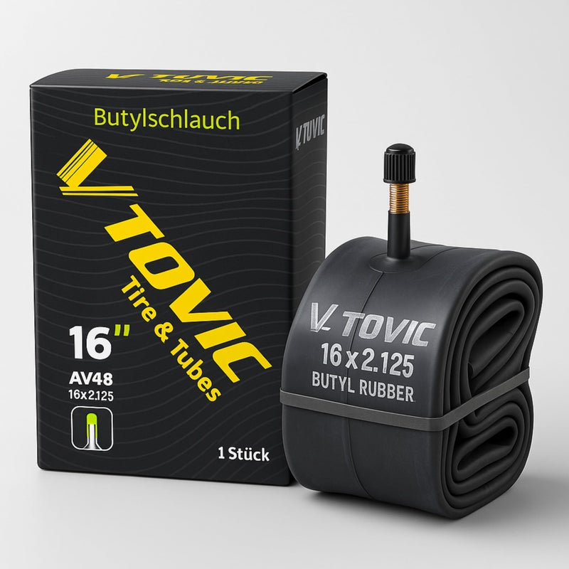 V-Tovic Tires 16x2.125 Inner Tube – 16 Inch Bicycle Tire Tube with AV48 Schrader Valve, Butyl Rubber Replacement for City, Road, Mountain & Kids Bikes – Durable & Puncture-Resistant - Image 1