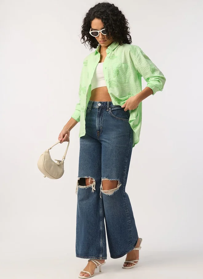 The Souled Store  The Souled Store Women Oversized Fit Textured Green Boyfriend Shirt  | Best Price UAE