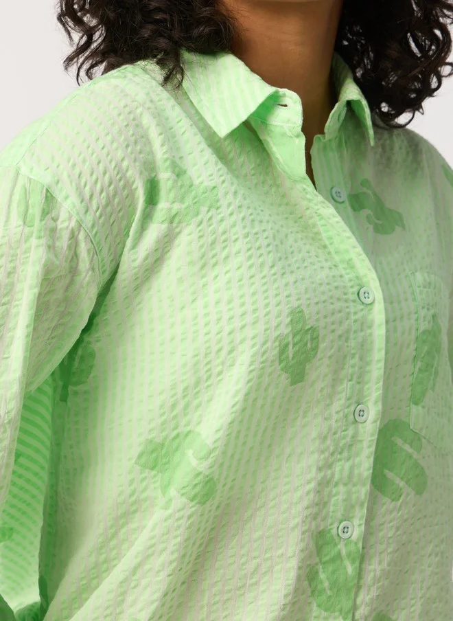 The Souled Store  The Souled Store Women Oversized Fit Textured Green Boyfriend Shirt  | Best Price UAE