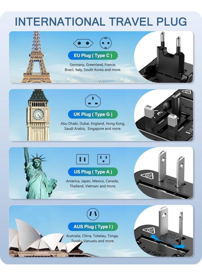 أم جي زي محول سفر عالمي، محول دولي، محول قابس عالمي متعدد الاستخدامات مع منفذي USB، مقبس شاحن طاقة تيار متردد، موصل محول قابس، مقبس محول طاقة دولي، شاحن حائط متعدد المنافذ USB للولايات المتحدة والاتحاد الأوروبي والمملكة المتحدة وأستراليا (أسود) - Image 5