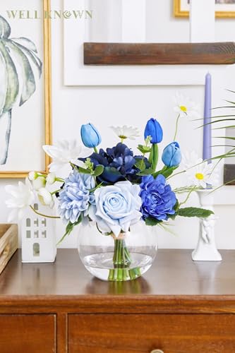 WELL KNOWN Artificial Flowers with Vase, Faux Silk Rose Tulip Flower Arrangements in Glass Vase with Fake Water for Home House Warming Party Wedding Birthday Dining Table Decor & Gift (Mixed Blue) - Image 3