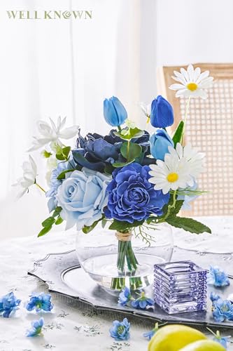 WELL KNOWN Artificial Flowers with Vase, Faux Silk Rose Tulip Flower Arrangements in Glass Vase with Fake Water for Home House Warming Party Wedding Birthday Dining Table Decor & Gift (Mixed Blue) - Image 2