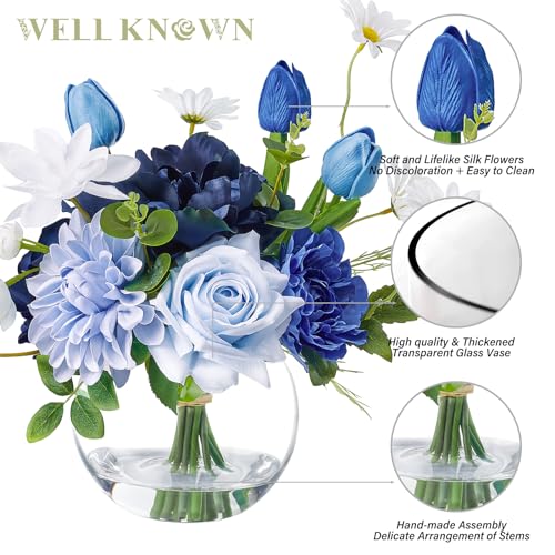 WELL KNOWN Artificial Flowers with Vase, Faux Silk Rose Tulip Flower Arrangements in Glass Vase with Fake Water for Home House Warming Party Wedding Birthday Dining Table Decor & Gift (Mixed Blue) - Image 4