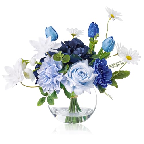 WELL KNOWN Artificial Flowers with Vase, Faux Silk Rose Tulip Flower Arrangements in Glass Vase with Fake Water for Home House Warming Party Wedding Birthday Dining Table Decor & Gift (Mixed Blue) - Image 1