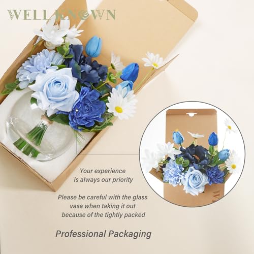 WELL KNOWN Artificial Flowers with Vase, Faux Silk Rose Tulip Flower Arrangements in Glass Vase with Fake Water for Home House Warming Party Wedding Birthday Dining Table Decor & Gift (Mixed Blue) - Image 5