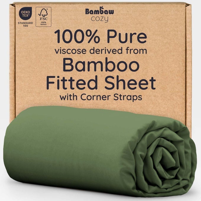 100 VISCOSE DERIVED FROM BAMBOO FITTED SHEET QUEEN SIZE COOLING FITTED SHEET QUEEN SIZE 16 DEEP POCKET ELASTIC CORNER STRAPS OLIVE