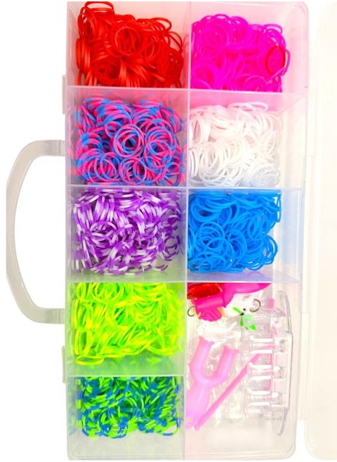 Colorful Rubber Bracelet Making Accessories Box The box comes with a colorful and attractive design, and includes a variety of tools and components needed to make different bracelets and accessories.