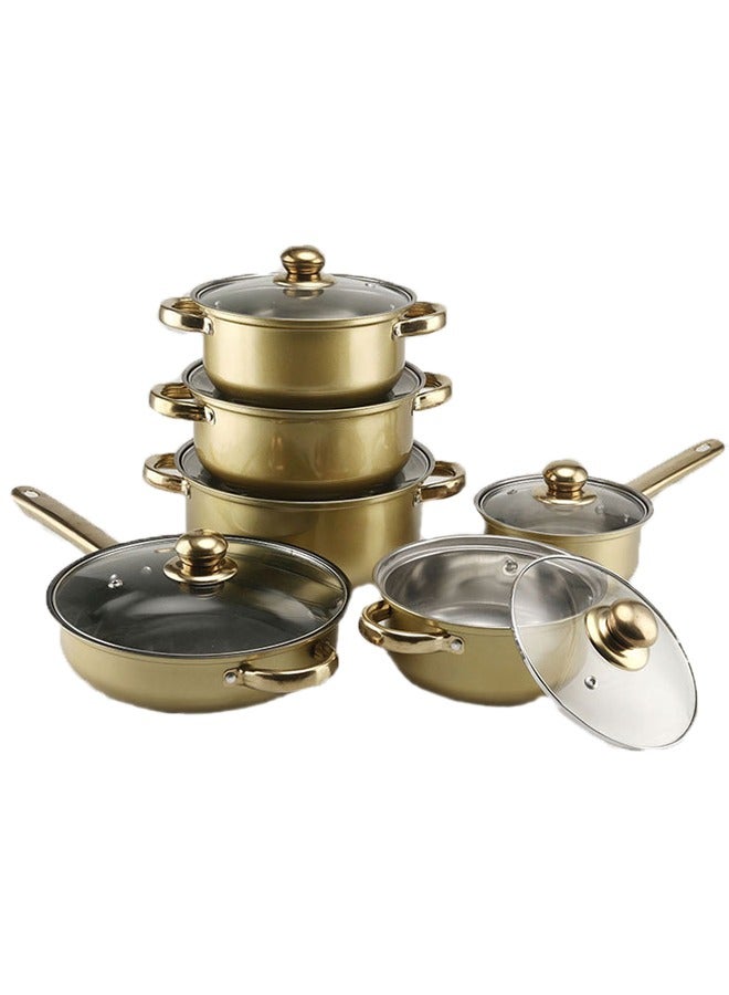 Sharpdo 12-Piece Pot Set 410 Stainless Steel Pot Set Soup Pot Frying Pan Milk Pot Cooking Pot Double-Ear Milk Pot 16/Soup Pot 18/20/22/24/Frying Pan 24CM(Gold) - Image 2