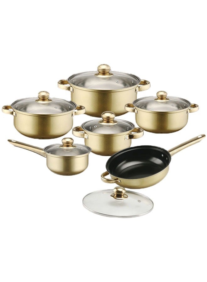 Sharpdo 12-Piece Pot Set 410 Stainless Steel Pot Set Soup Pot Frying Pan Milk Pot Cooking Pot Double-Ear Milk Pot 16/Soup Pot 18/20/22/24/Frying Pan 24CM(Gold) - Image 1