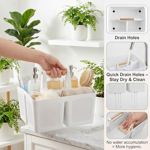 Haundry Plastic White Shower Caddy Basket with 3 Compartments, Portable Divided Bathroom Cleaning Caddy Organizer Storage Tote with Handle for Dorm, College, Room Essentials - Image 3
