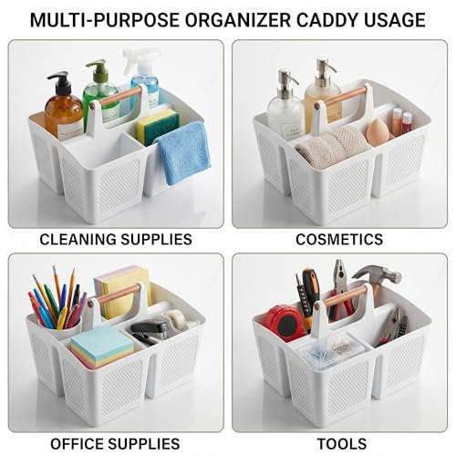 Haundry Plastic White Shower Caddy Basket with 3 Compartments, Portable Divided Bathroom Cleaning Caddy Organizer Storage Tote with Handle for Dorm, College, Room Essentials - Image 5