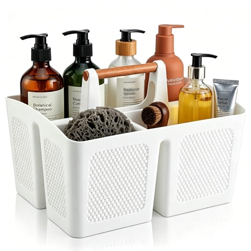 Haundry Plastic White Shower Caddy Basket with 3 Compartments, Portable Divided Bathroom Cleaning Caddy Organizer Storage Tote with Handle for Dorm, College, Room Essentials - Image 1