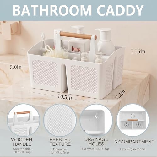 Haundry Plastic White Shower Caddy Basket with 3 Compartments, Portable Divided Bathroom Cleaning Caddy Organizer Storage Tote with Handle for Dorm, College, Room Essentials - Image 2