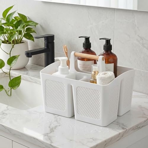 Haundry Plastic White Shower Caddy Basket with 3 Compartments, Portable Divided Bathroom Cleaning Caddy Organizer Storage Tote with Handle for Dorm, College, Room Essentials - Image 4