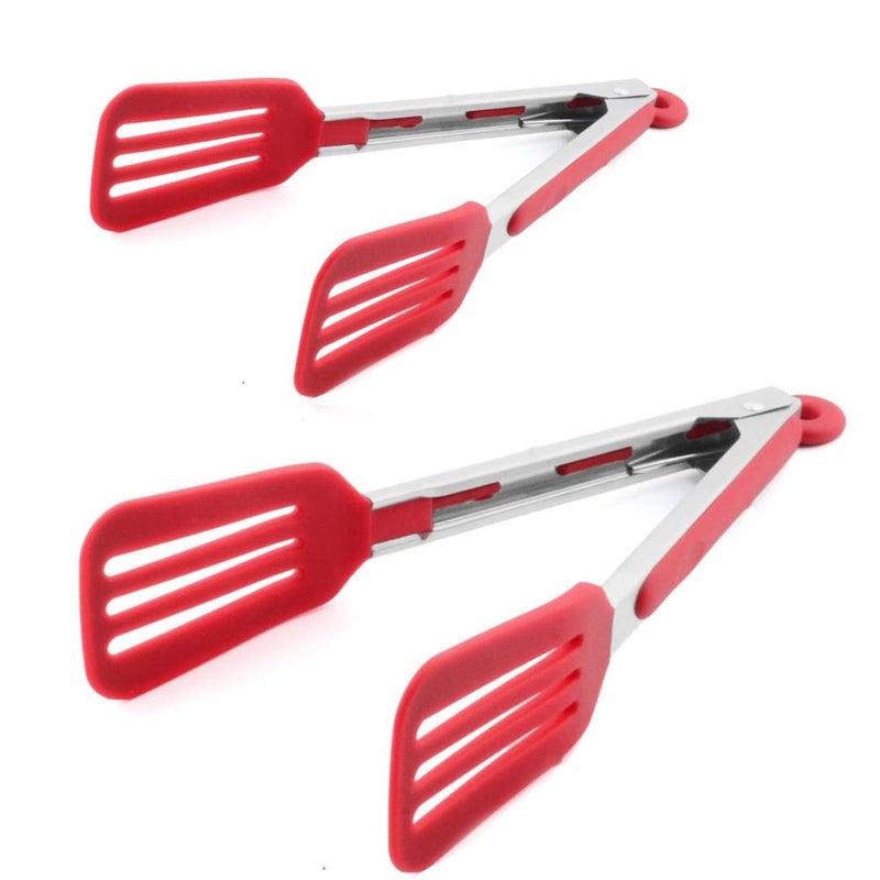 STARUBY Cooking Tongs 9 inches and 12 inches Stainless Steel Kitchen Silicone Serving Tong Heat Resistant Meat Turner Spatula Tong Fish Tongs with Locking Handle Joint Red
