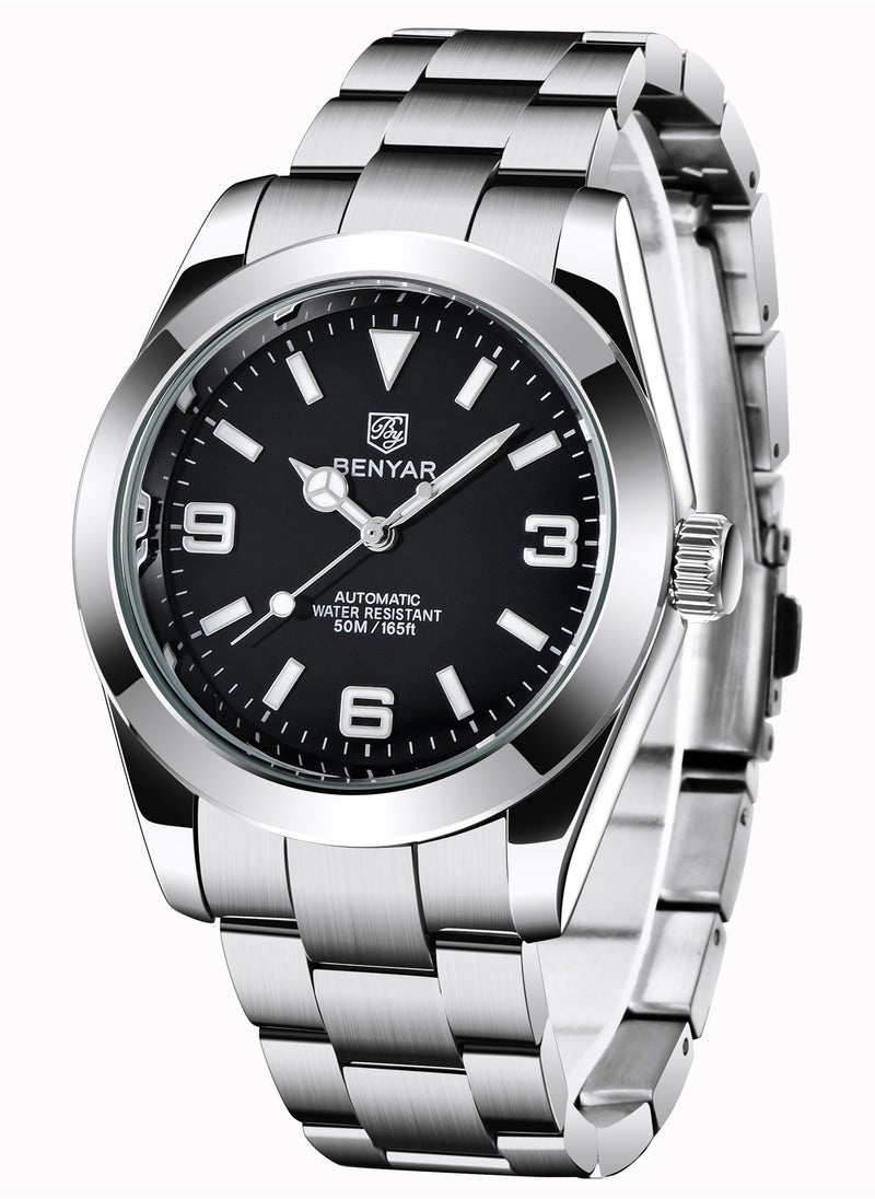 BENYAR Men's Fashion Mechanical Automatic Watches, 41MM Stainless Steel Waterproof Frame, Luminous Hands, Black Dial, Silver Fashion Steel Belt Elegant Luxury Analog Watch BY5177  - Image 1