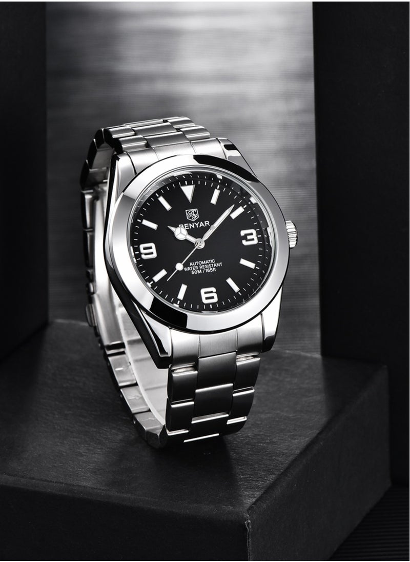 BENYAR Men's Fashion Mechanical Automatic Watches, 41MM Stainless Steel Waterproof Frame, Luminous Hands, Black Dial, Silver Fashion Steel Belt Elegant Luxury Analog Watch BY5177  - Image 3