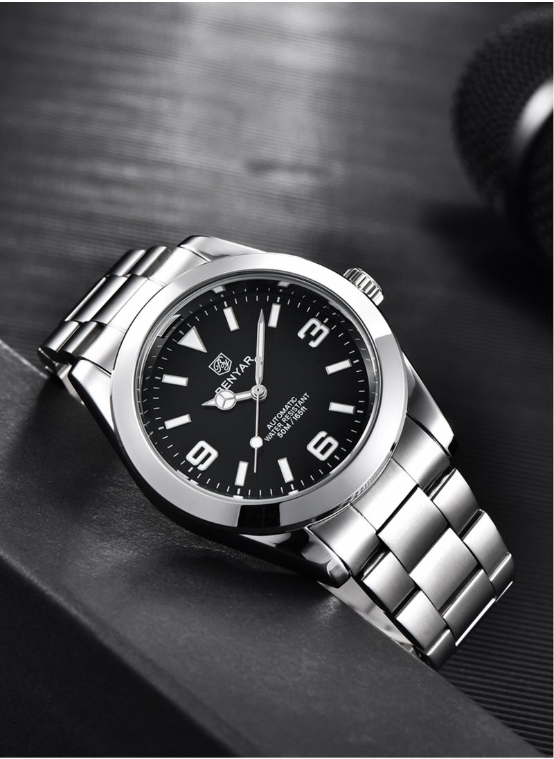 BENYAR Men's Fashion Mechanical Automatic Watches, 41MM Stainless Steel Waterproof Frame, Luminous Hands, Black Dial, Silver Fashion Steel Belt Elegant Luxury Analog Watch BY5177  - Image 4