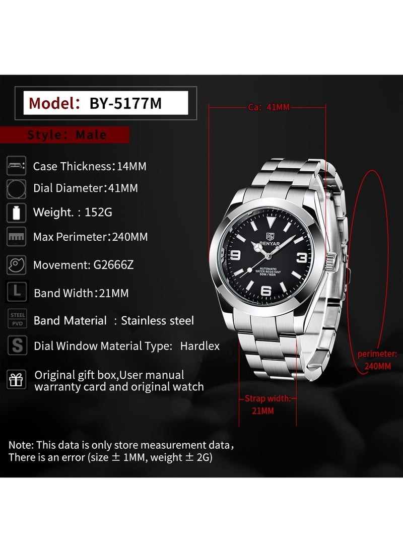 BENYAR Men's Fashion Mechanical Automatic Watches, 41MM Stainless Steel Waterproof Frame, Luminous Hands, Black Dial, Silver Fashion Steel Belt Elegant Luxury Analog Watch BY5177  - Image 5