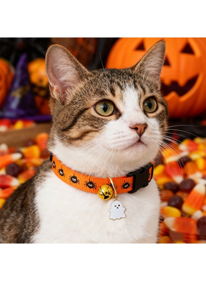 Halloween Cat Collar with Bell Adjustable Comfortable Kitten Halloween Collar Breakaway Spider Patterns Safety Holiday Cat Collars for Boys Girls,Kitten,Puppy Orange - Image 5